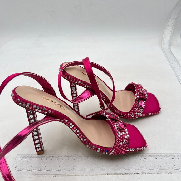 XYD Pink Sparkle Square Open Toe Buckle Ankle Strap Sparkling High Heel Sandals - Picture 4 of 8